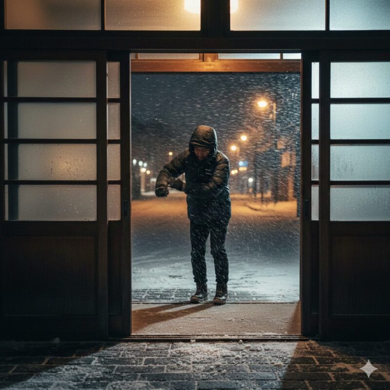 玄関で雪を払う