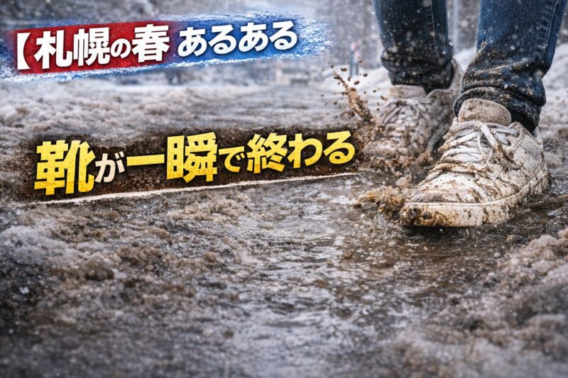 札幌の雪解け期で泥に汚れた靴